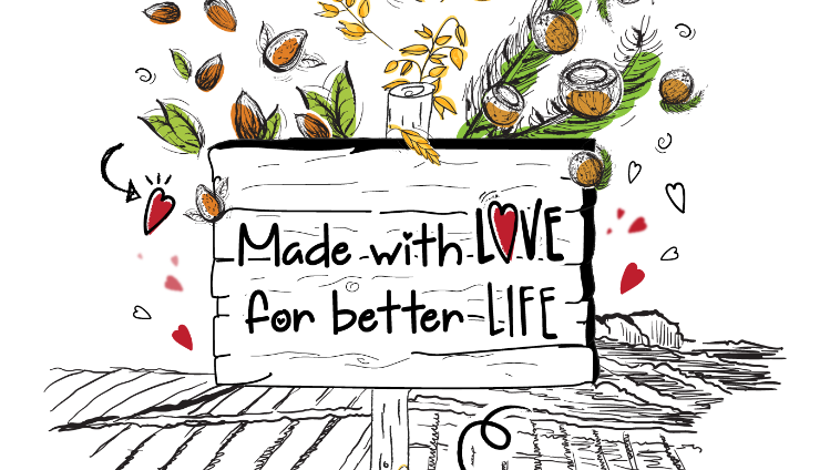 Comic von stehendem Holzschild mit "Made with Love for better Life" mit Dekoration